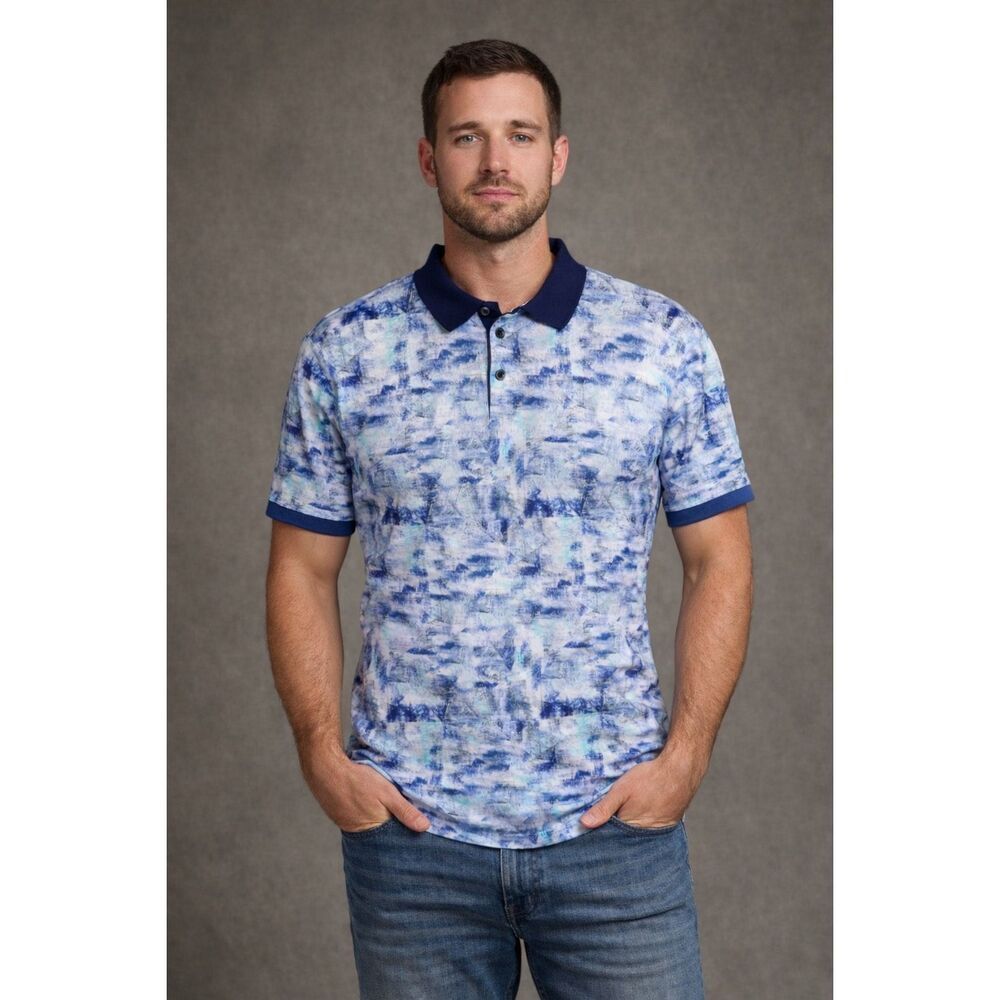 Bugatchi Hendrix Button Collar Polo Abstract Print 100% Cotton Men L 100